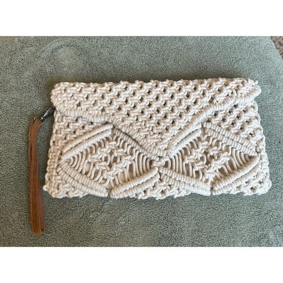 Macrame Lined Hand Bag Cream Clutch Purse Leather Strap Made In India Preloved - Picture 1 of 10
